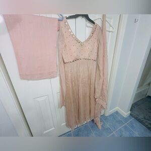 Blush Pink Embellished V-Neck Anarkali Dress with churidar sleeves in chiffon.